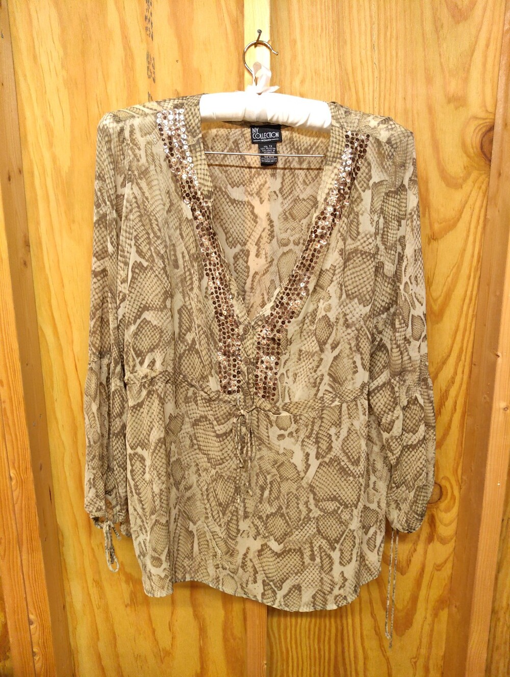 NY Collection Woman 1X Snakeskin Sheer Sequin V-Neck Tunic Blouse Drawstring